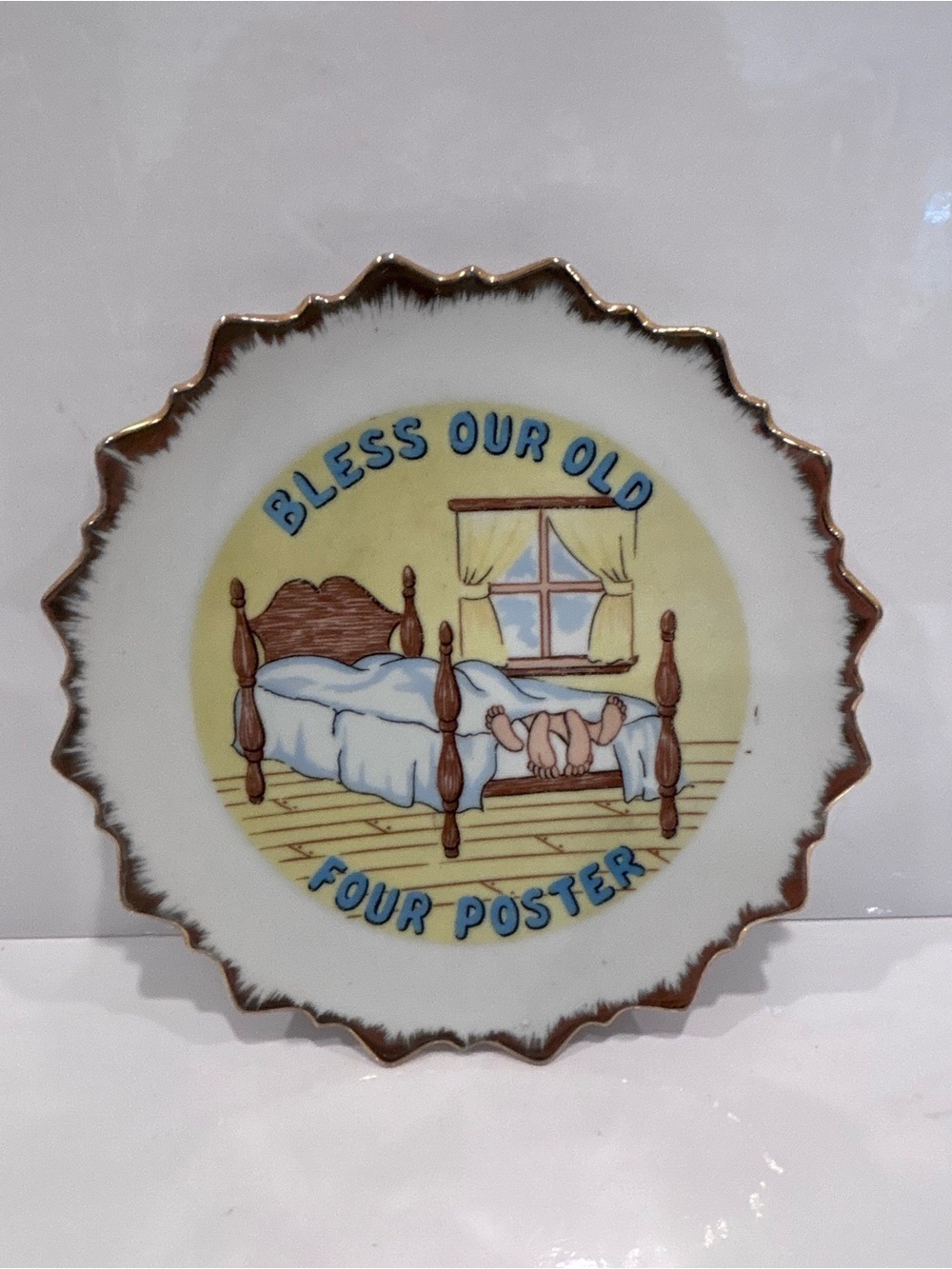 Vintage Bless Our Old Four Poster Decorative Wall Plate - White and gold
